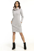 Robe femme en jersey gris clair casual-chic manches longues col floral poches latérales automne