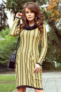 Robe polyester viscose élégante motif tressé doré noir ajustable manches longues femme moderne chic automne