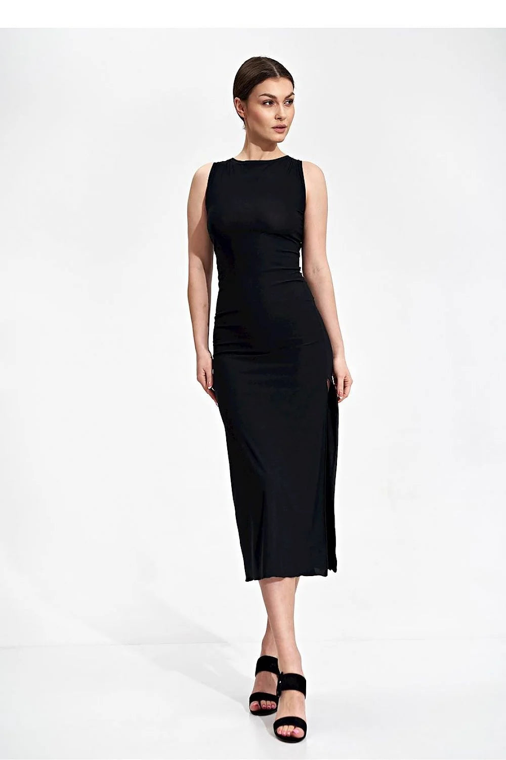 Robe de jour élégante pour femme en tissu stretch ajustée couleur bleu cobalt encolure profonde dos noué fente latérale sans manches