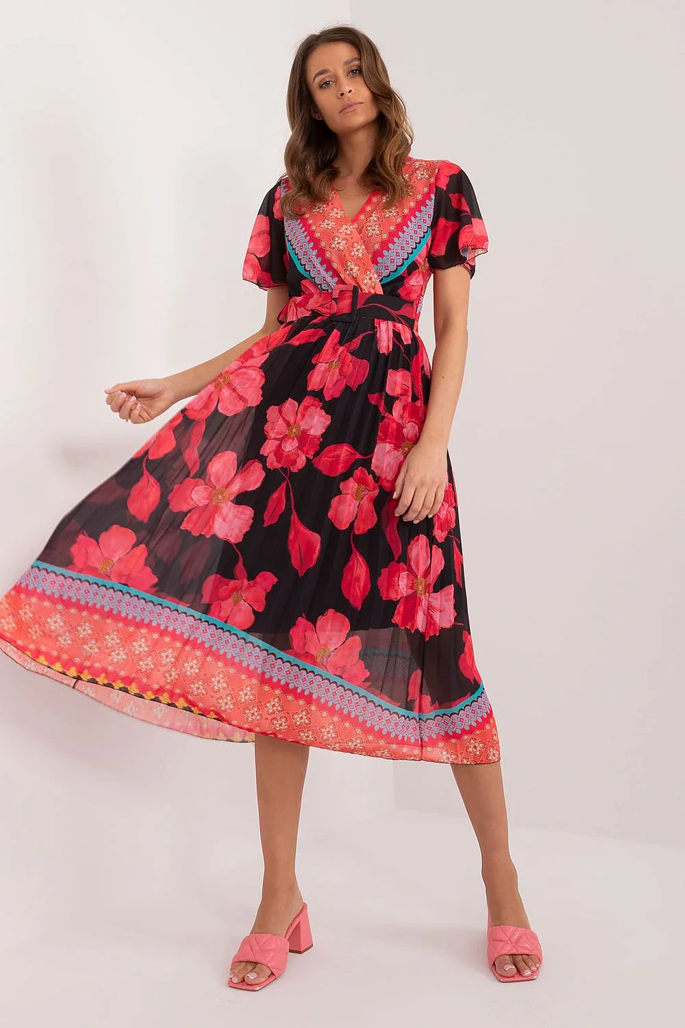 Robe de jour Italy Moda en tissu floral vibrant manches courtes ceinture ajustable femme