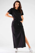 robe longue noire maxi jersey coton lycra été manches courtes encolure ronde ceinture cordon ajustable fente latérale poches pratiques décontractée