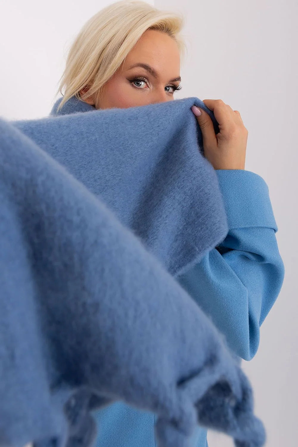 Ensemble veste écharpe design mode femme coupe droite ample laine mélange bleu ciel doux