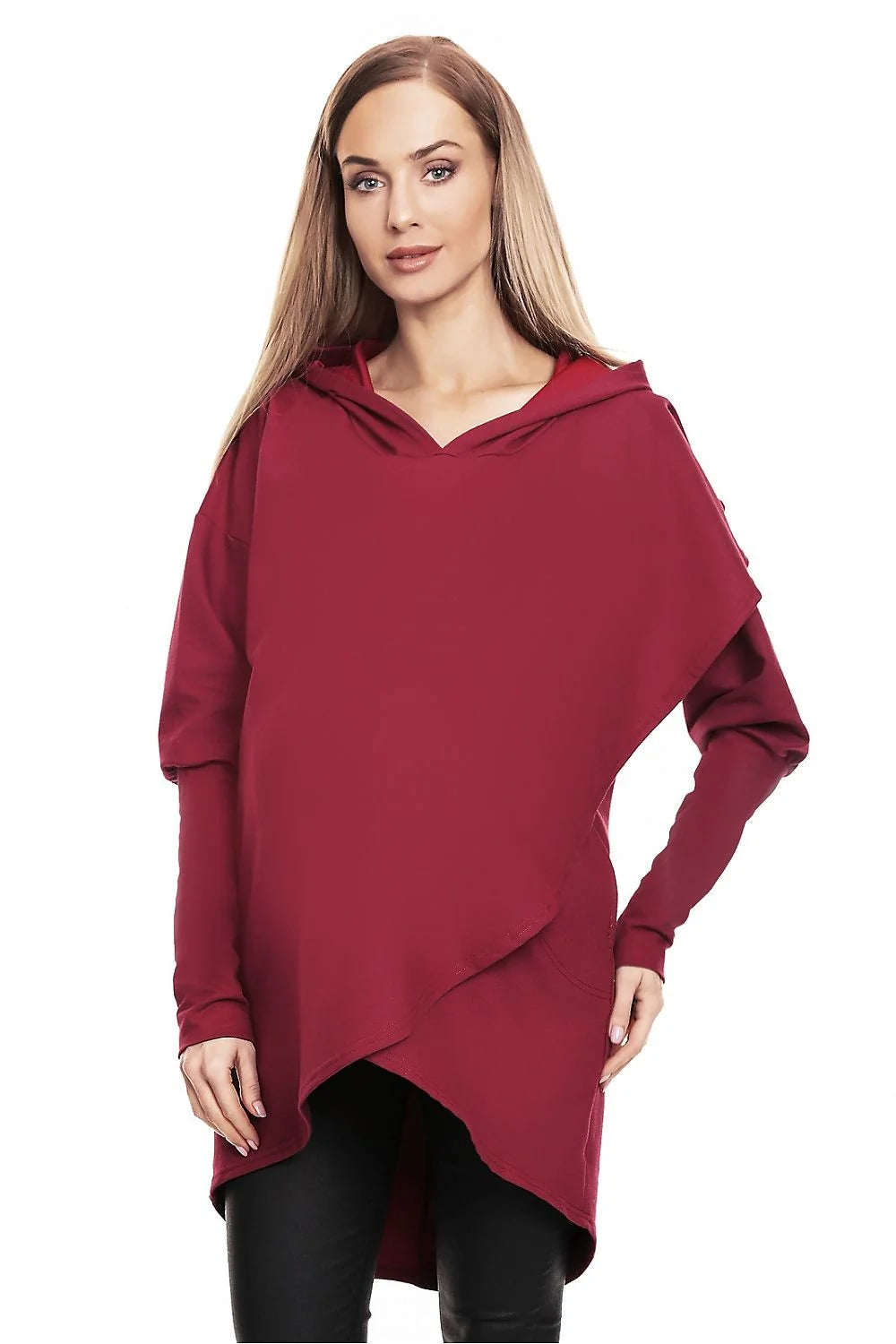 Sweatshirt de grossesse asymétrique à capuche en coton rouge profond, manches longues, coupe semi-ajustée pour femmes enceintes