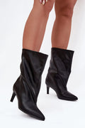 bottines mi mollet talon fin bout pointu silhouette effilée tige souple plissée drapée cuir synthétique noir mat élégant féminin