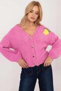 Cardigan femme mode Italy Moda couleur vif rose motif citron manches longues col V fermeture boutons métalliques