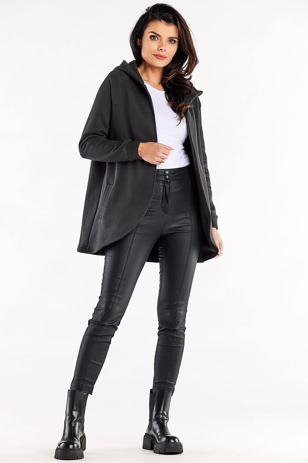 sweatshirt femme longline ample capuche minimaliste moderne molleton gris anthracite coton elasthanne douceur respirante tombé élégant oversize polyvalent intemporel