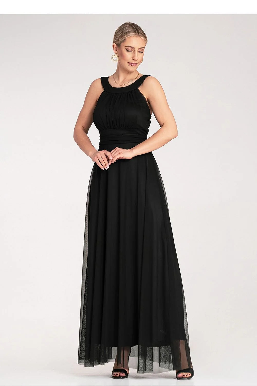 Robe de soirée élégante longue en tissu léger, noire, corsage ajusté, bretelles larges, taille cintrée, polyester 95% elasthanne 5% femme