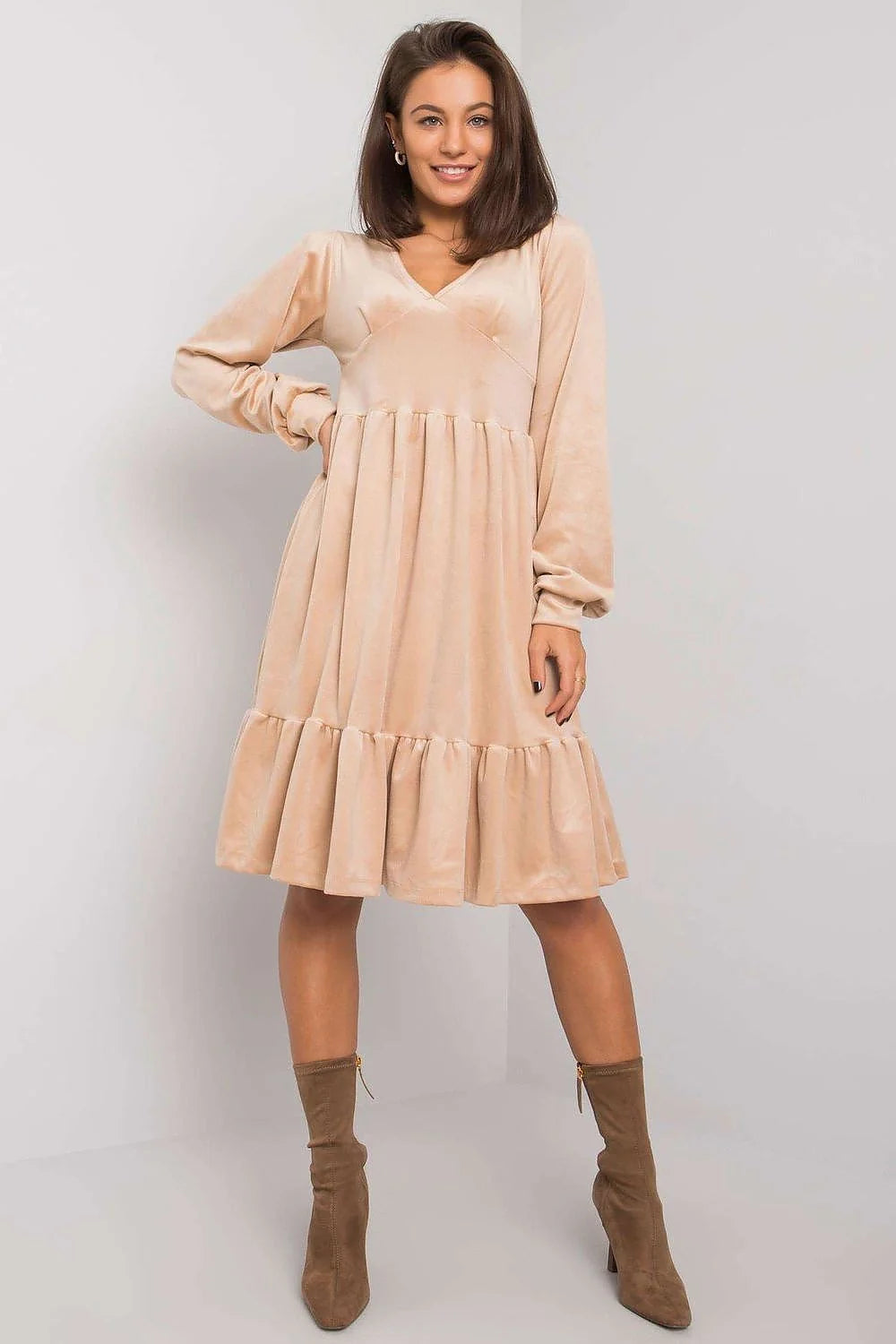 Robe en velours marron élégante manches longues encolure V empire pour femme automne casual