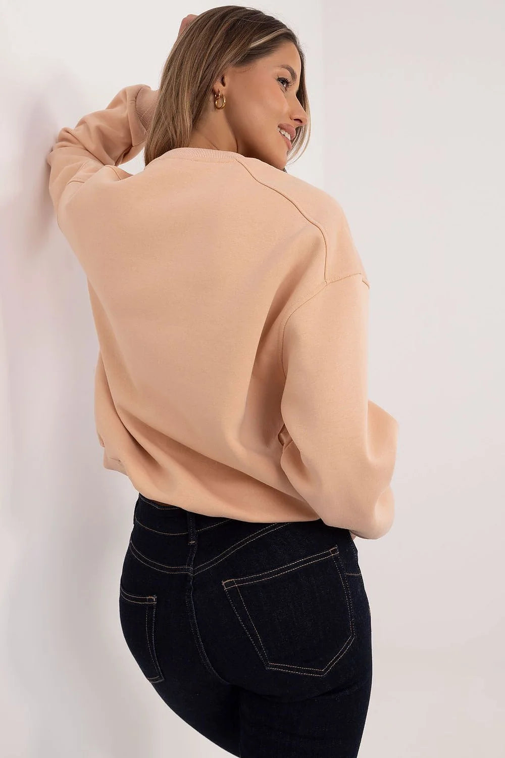Sweatshirt pour femme en coton-polyester beige manches longues col rond style décontracté coupe ample occasion quotidienne