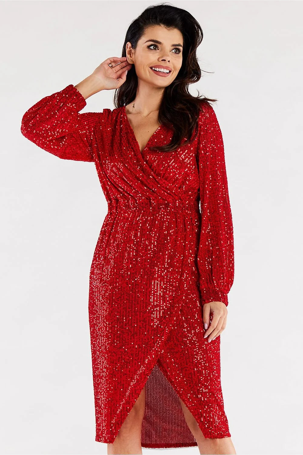 robe soirée longue manches longues décolleté V croisé sequins rouge portefeuille taille ajustable paillettes fente frontale bouffantes doublure élasthanne polyester
