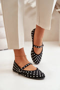 Ballerines Mary Jane pour femmes en cuir suédé noir, strass argenté, semelle fine, style classique, confortable, occasion versatile