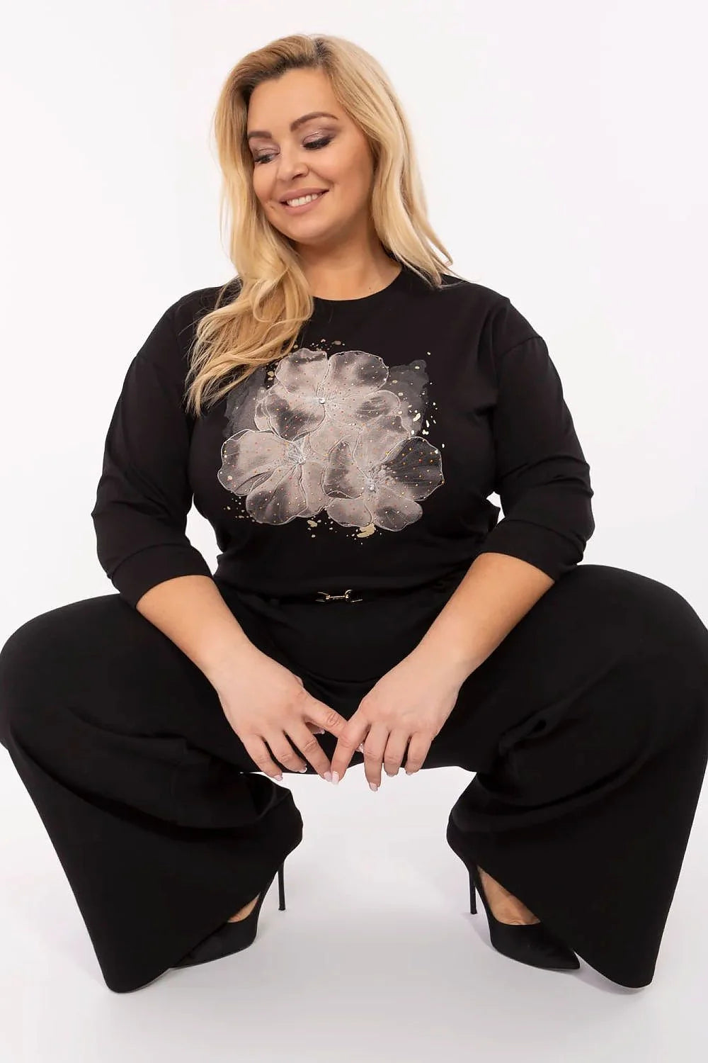 Chemisier pour femme taille grande motif floral trois-quarts élasthanne coton noir doré soirée quotidien