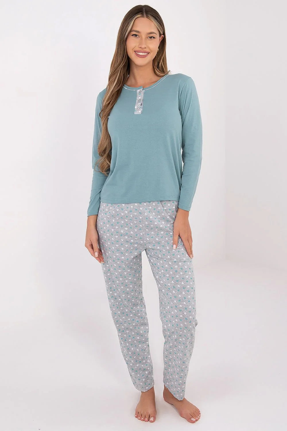 pyjama femme deux pièces manches longues menthe jersey doux col rond patte boutonnée décorative pantalon droit gris clair imprimé turquoise