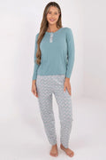 pyjama femme deux pièces manches longues menthe jersey doux col rond patte boutonnée décorative pantalon droit gris clair imprimé turquoise