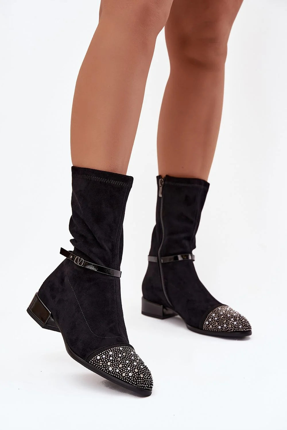 bottes femme suédine écologique mimollet talon bas confortables doublure chaude bout pointu strass clous multiformats scintillant sangle vernie