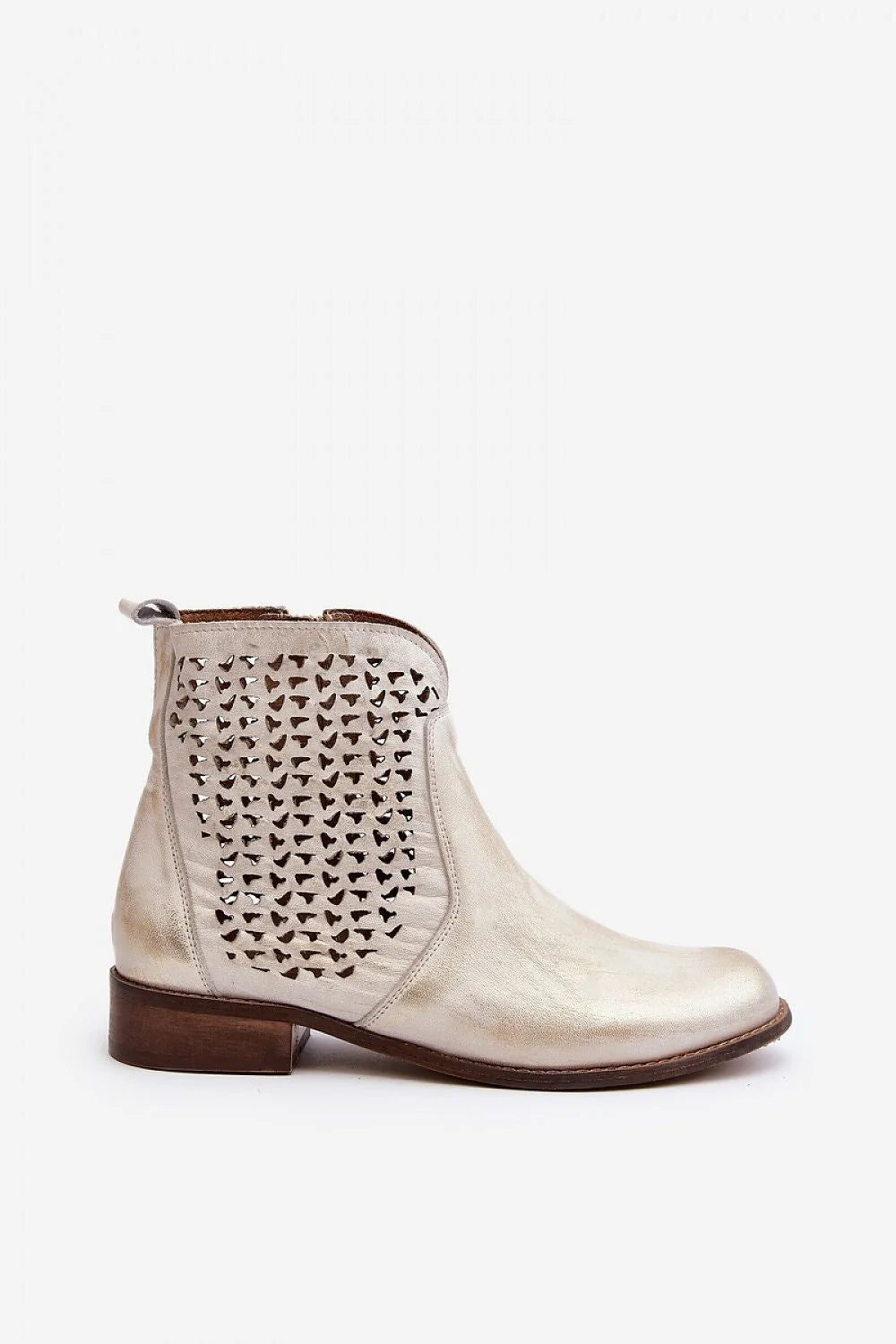 Bottines élégantes pour femmes en cuir naturel doré métallisé, design moderne, tige basse, fermeture éclair latérale, semelle cuir confortable, talon plat