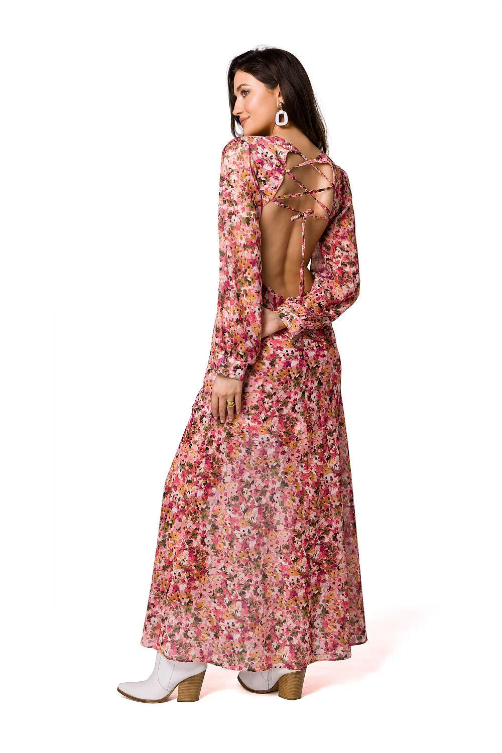 Robe de soirée Makover longue manches longues dos ouvert imprimé floral polyester femme occasion spéciale