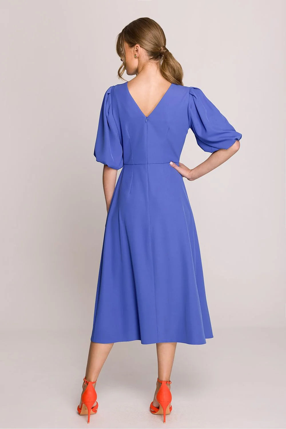 robe midi femme Stylove romantique manches bouffantes coude encolure ronde taille cintrée jupe évasée doublée fluide élégante cérémonie soirée