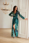 robe maxi Alessia chiffon imprimé fluide longueur sol cachecoeur fente manches bouffantes dos laçage fermeture éclair elastique taille