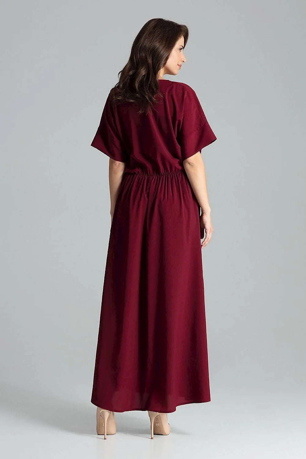 robe longue fluide beige nude chiffon cachecoeur boheme chic manches kimono courtes taille froncee elastiquee jupe evasee fente laterale plongeant