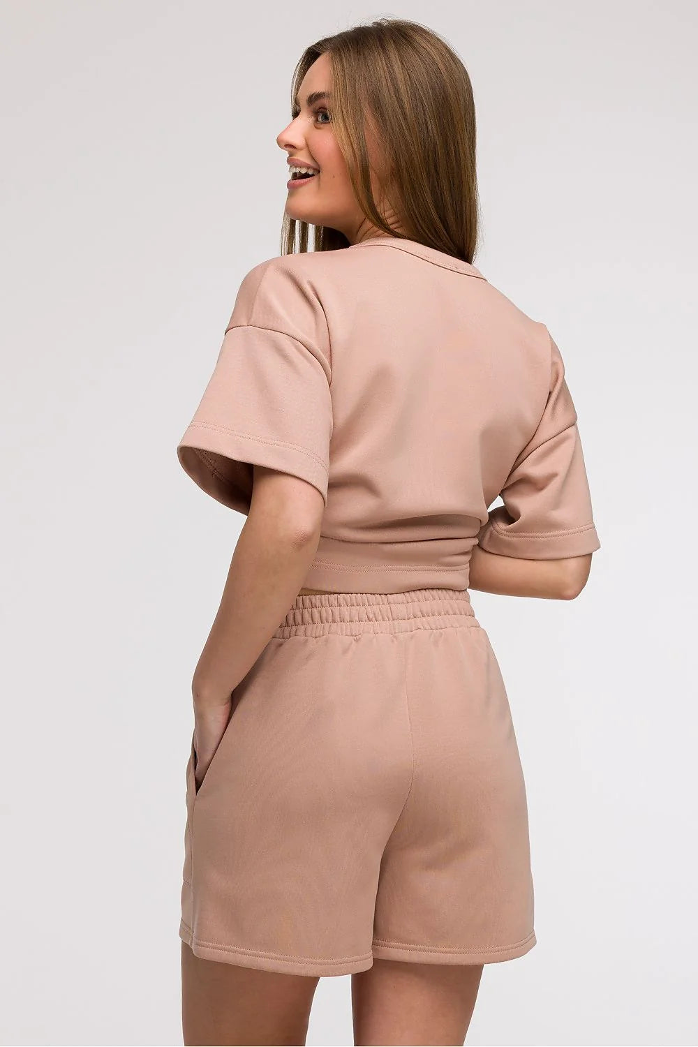 Ensemble t-shirt et short Be Wear oversize trapezoidal high-waisted elastic waist neutral beige-pink cotton-polyester blend women set