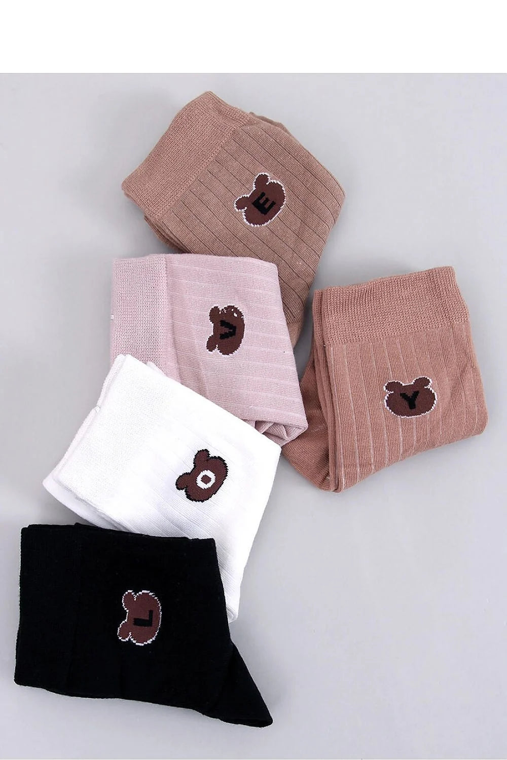 Chaussettes longues Inello pour femmes, design ours stylisé, coton 95%, elasthanne 5%, 5 paires, couleurs pastel, cadeau idéal, mode moderne