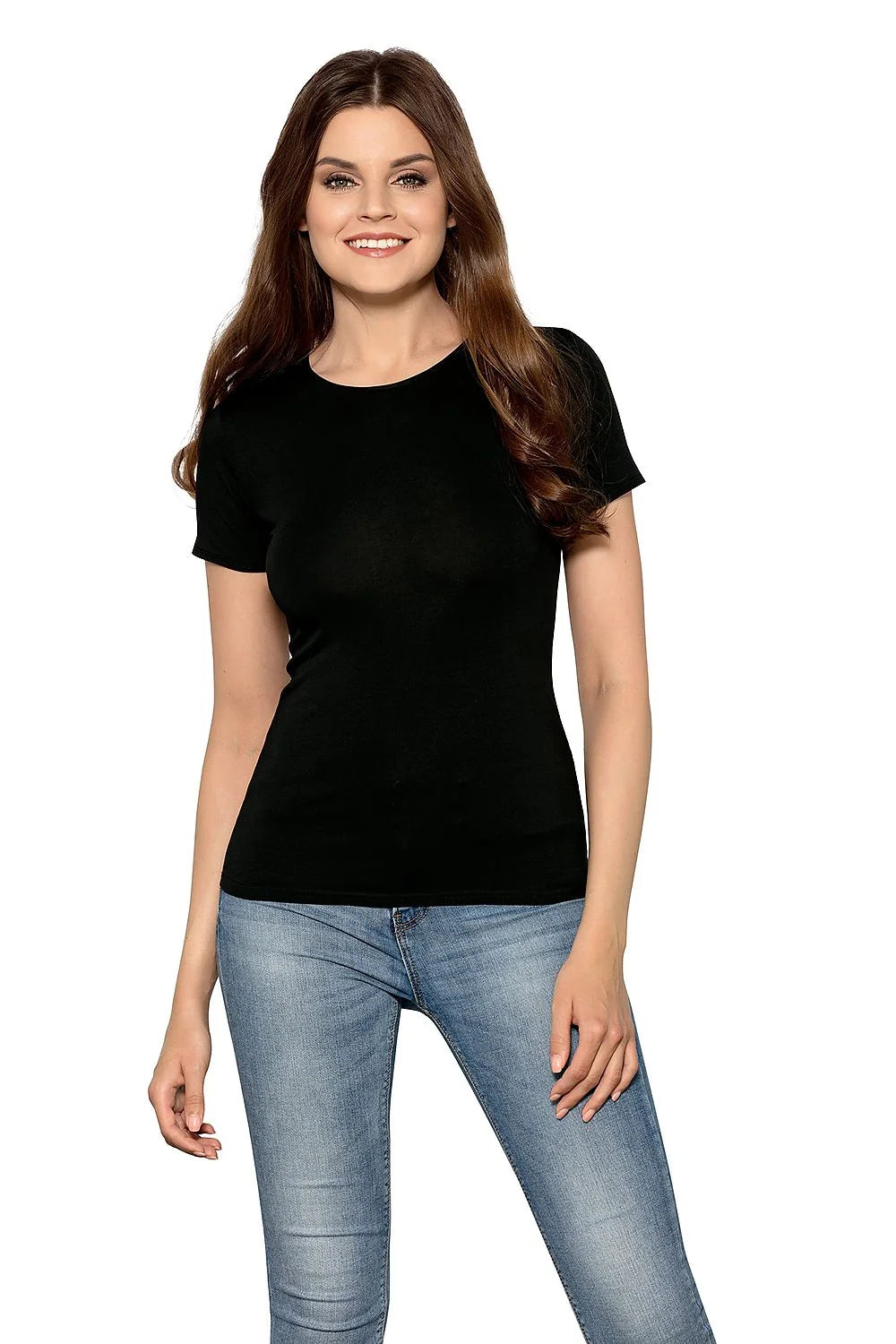 T-shirt femme coton élasthanne bleu canard col rond manches courtes coupe ajustée confortable moderne