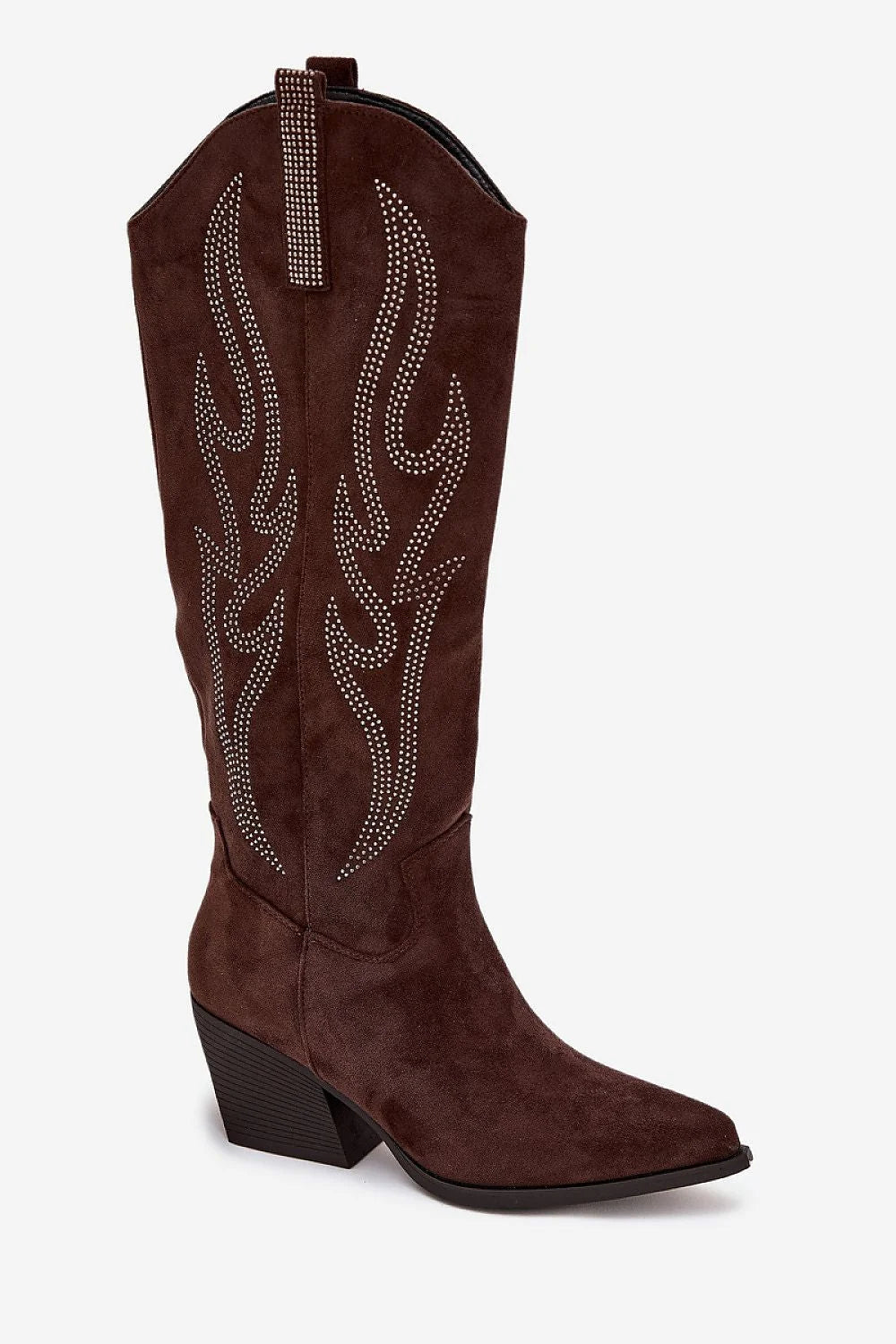 bottes femme suédine écologique marron foncé hautes genou bout pointu talon colonne biseauté strass flammes zippée latérale bohème chic