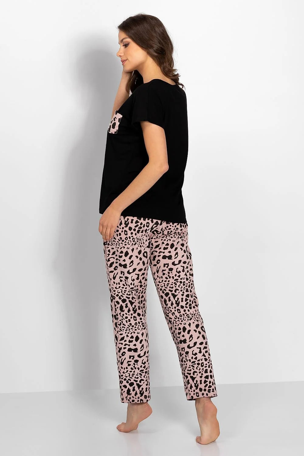 Pyjama femme élégant décontracté motifs léopard pantalon droit col V poche décorative taille élastique confortable S M L XL