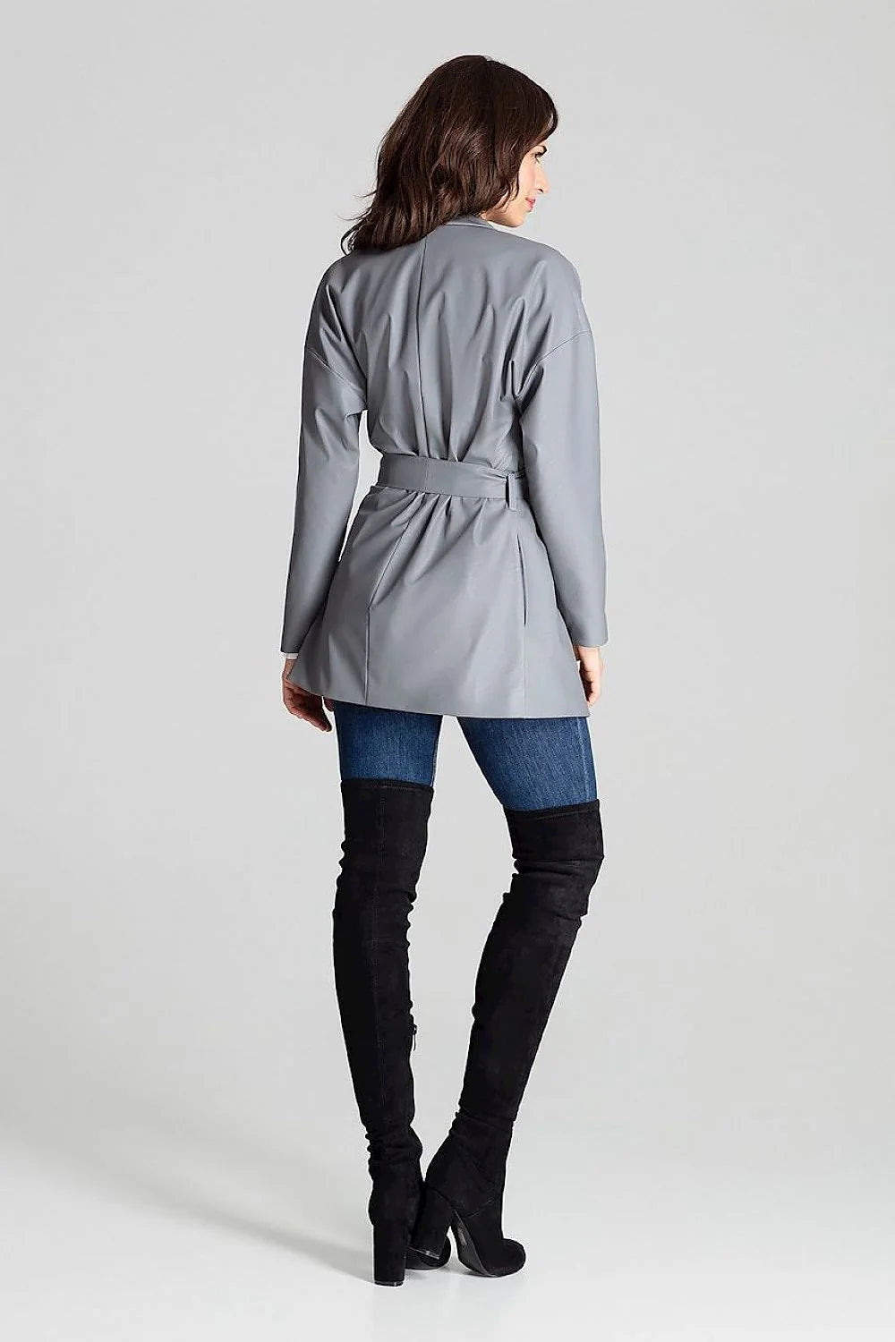 Blazer femme en cuir écologique moderne élégant ceinture amovible manches longues ajustable gris polyvalent