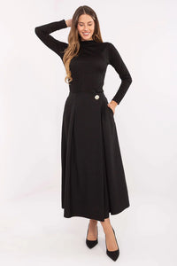 jupe midi noire taille haute trapèze fluide structuré évasée plis discrets bijou doré poches latérales ceinture élastique ajustée confortable élégante