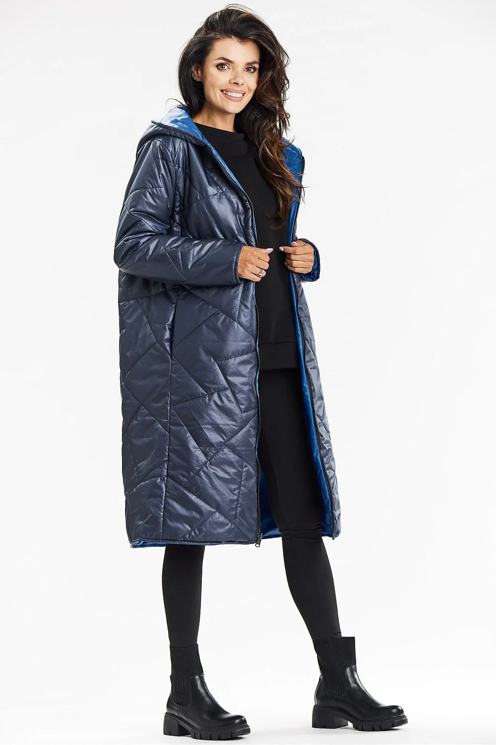 Manteau long pour femme à capuche double face en polyester coupe droite style élégant doublure bleue motif matelassé résistant aux intempéries poches latérales fermeture éclair