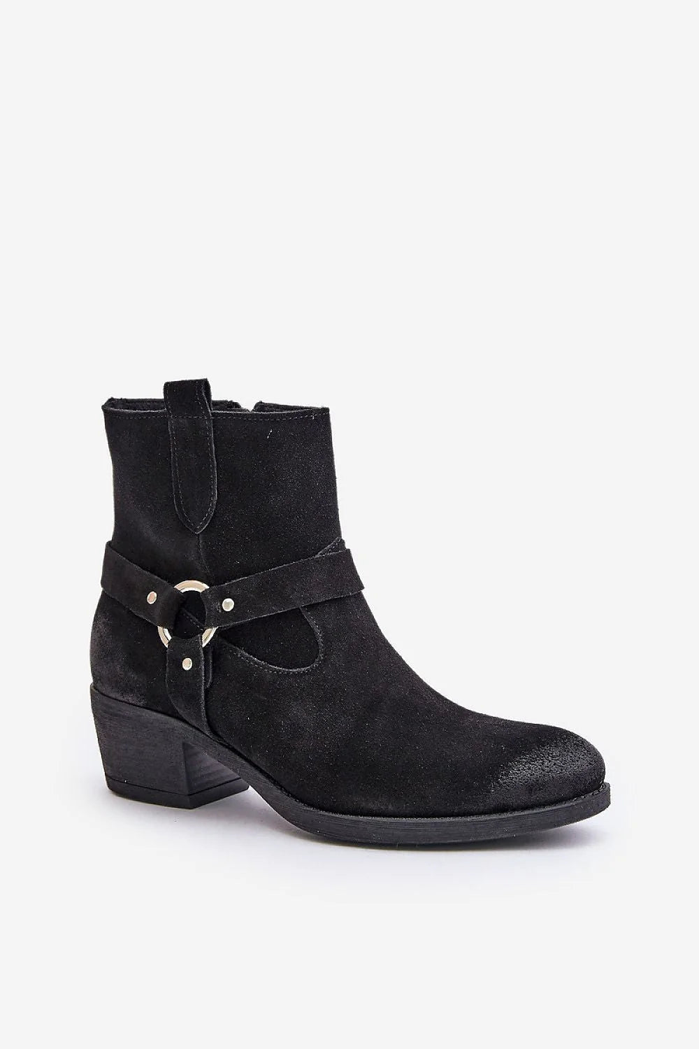 Bottines féminines en cuir suédé noir talon carré sangle cheville anneau métallique occasion automne-hiver