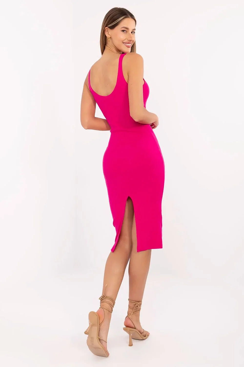 robe crayon midi moulante fuchsia rayée stretch coton elasthanne bretelles larges encolure droite fente latérale mi cuisse ourlets soignés sophistiquée