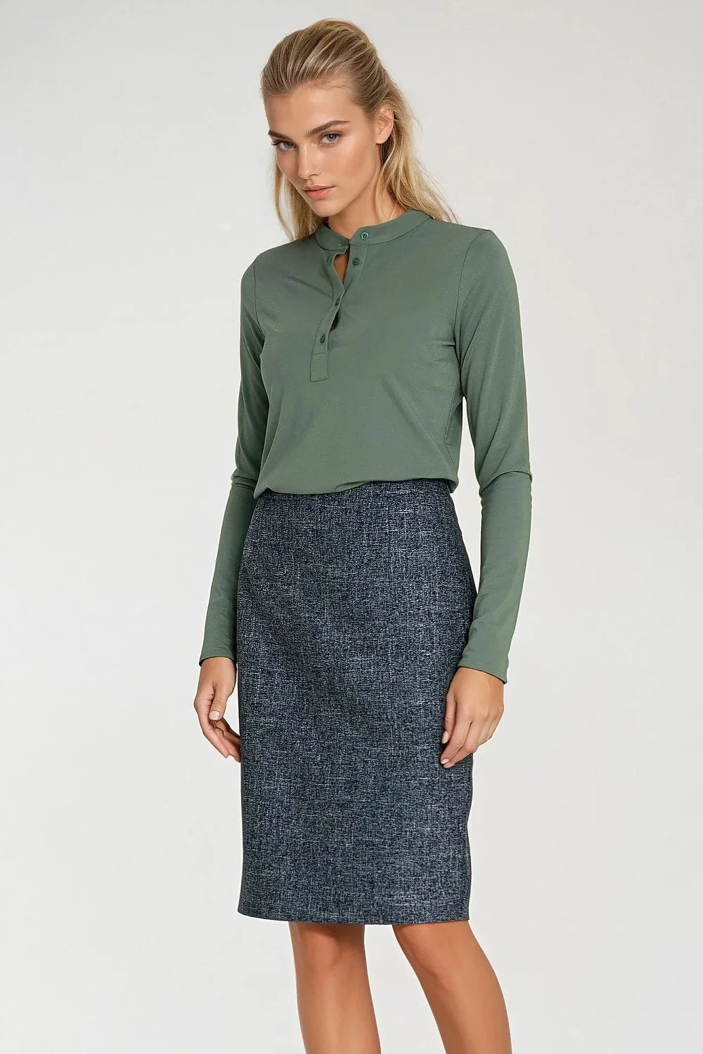 chemisier femme ajusté stretch spandex nylon rayon kaki manches longues col polo montant patte boutonnage trois boutons élégant polyvalent casualchic