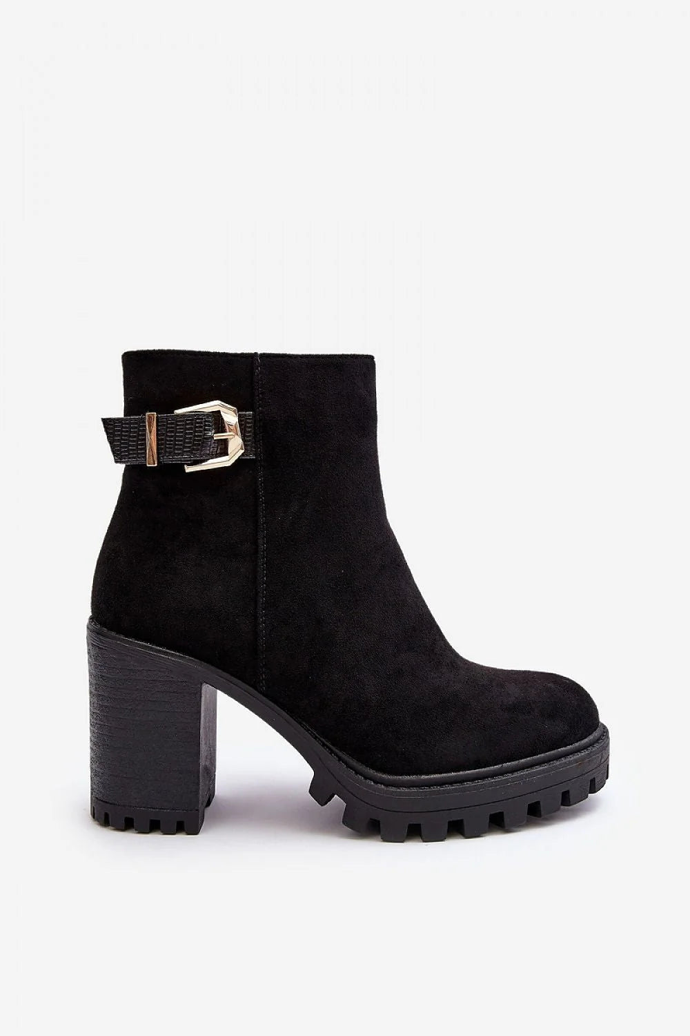 Bottines femmes talon bloc 7-8cm cuir suédé noir style urbain chic fermeture éclair boucle dorée