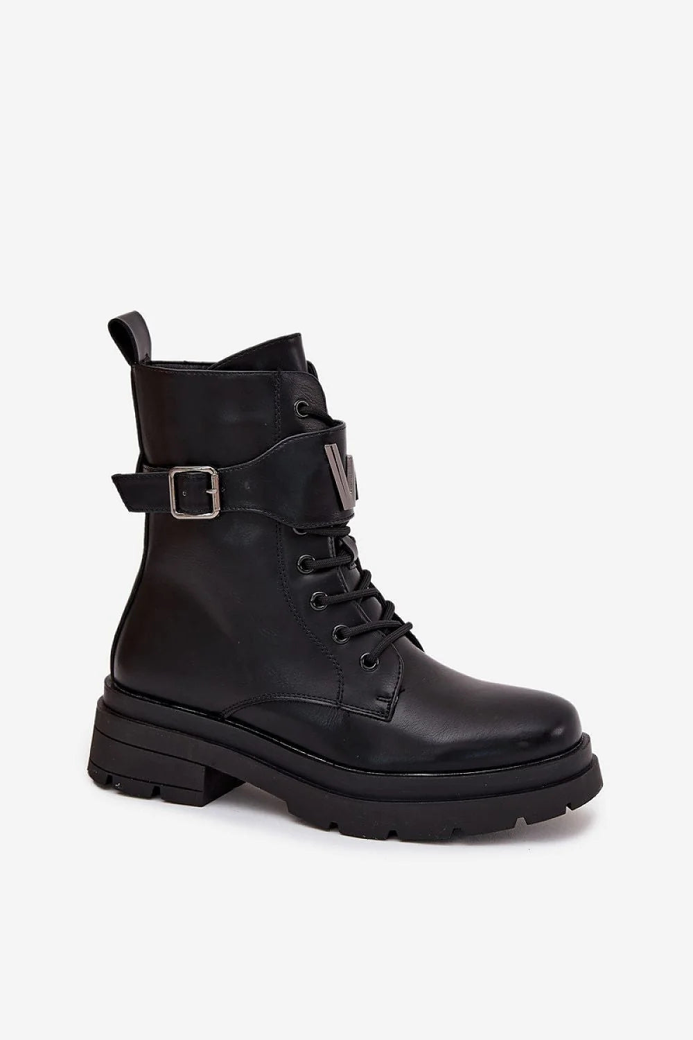 bottines motardes noires cuir écologique plateforme crantée talon plat semelle antidérapante lacées fermeture éclair latérale bride boucle métal maintien cheville
