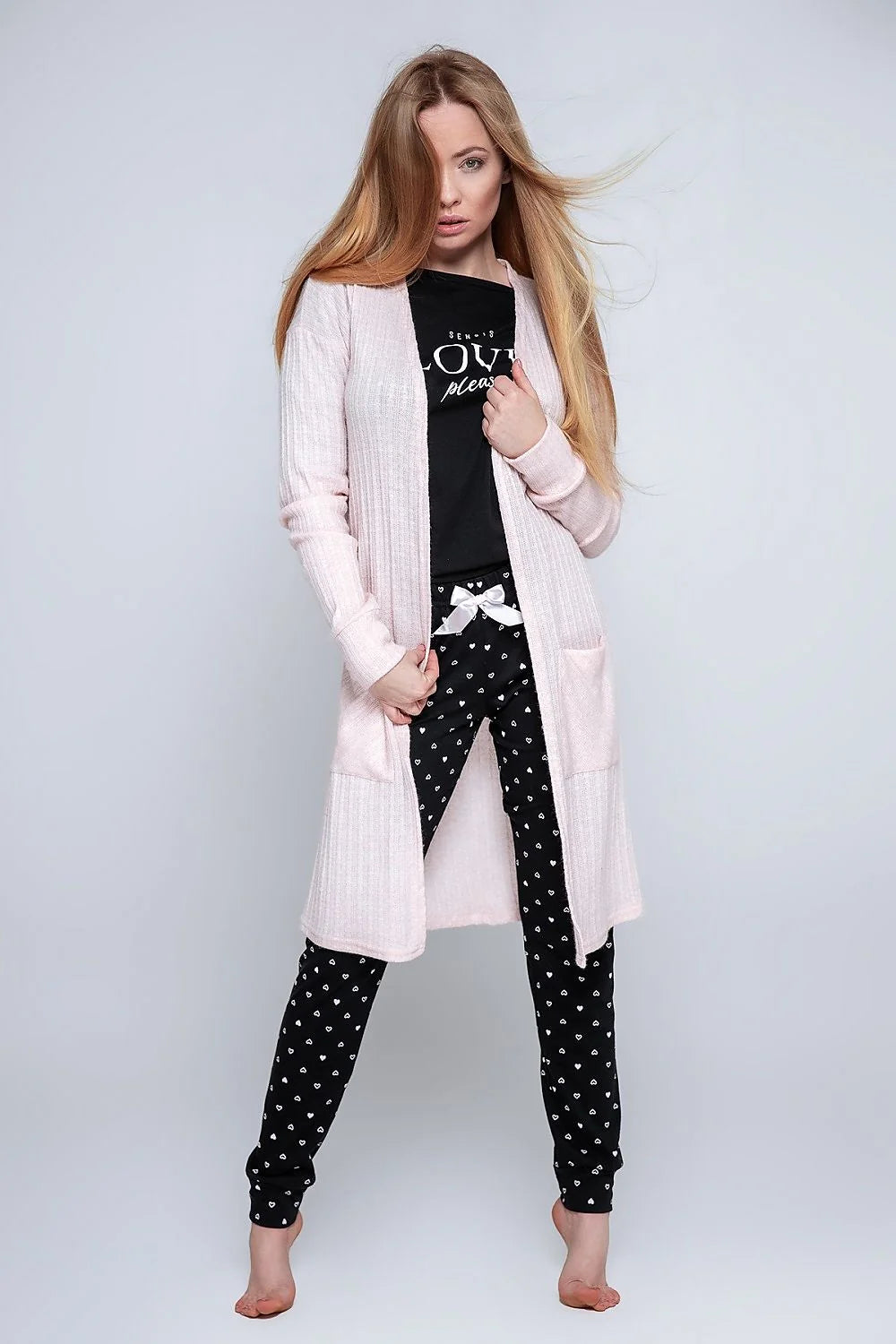 Cardigan long femme en tricot doux minimaliste ample élégant poches latérales rose pâle confort