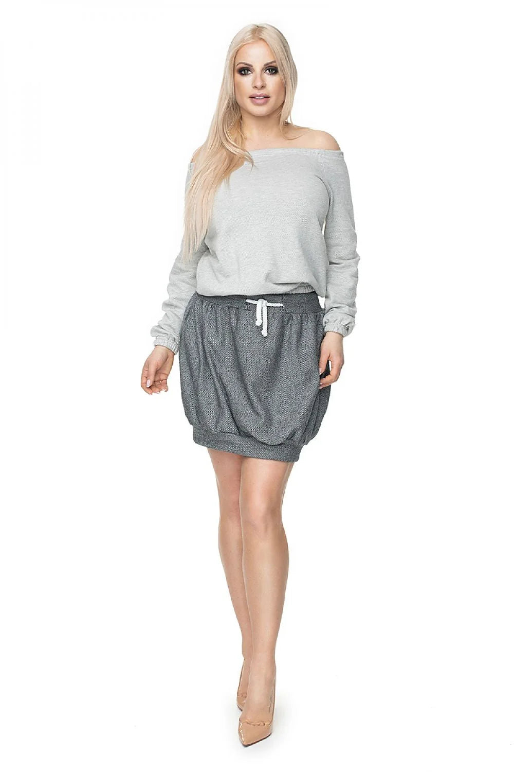 jupe courte pee ka boo coton élasthanne extensible coupe bombardier taille élastique cordon blanc ourlet boule bicolore gris casual chic