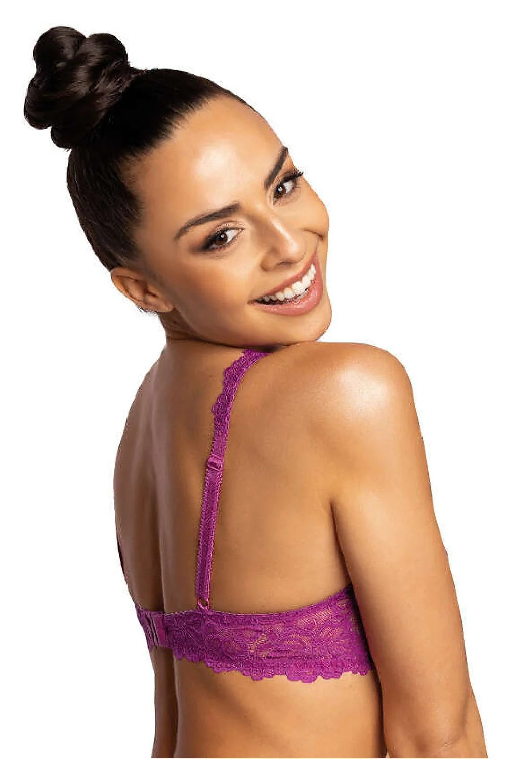 Soutien-gorge féminin rembourré dentelle floral fuchsia bretelles larges ajustables ornement doré maintien excellent lingerie sexy élégant occasion spéciale