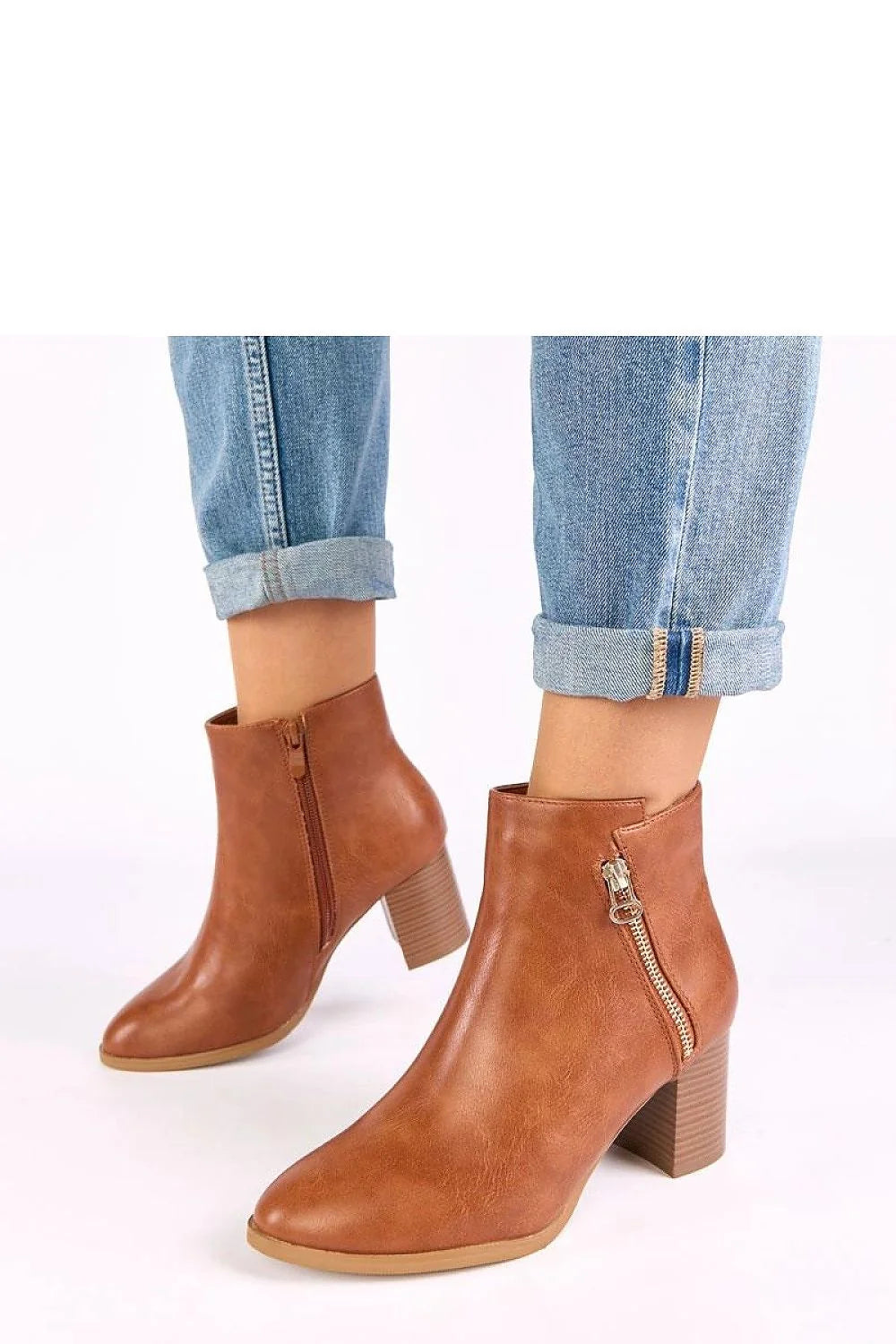 bottines femme cognac effet cuir écologique bout rond fermeture éclair décorative talon bloc 7cm tige 12cm semelle antidérapante doublure rembourrée
