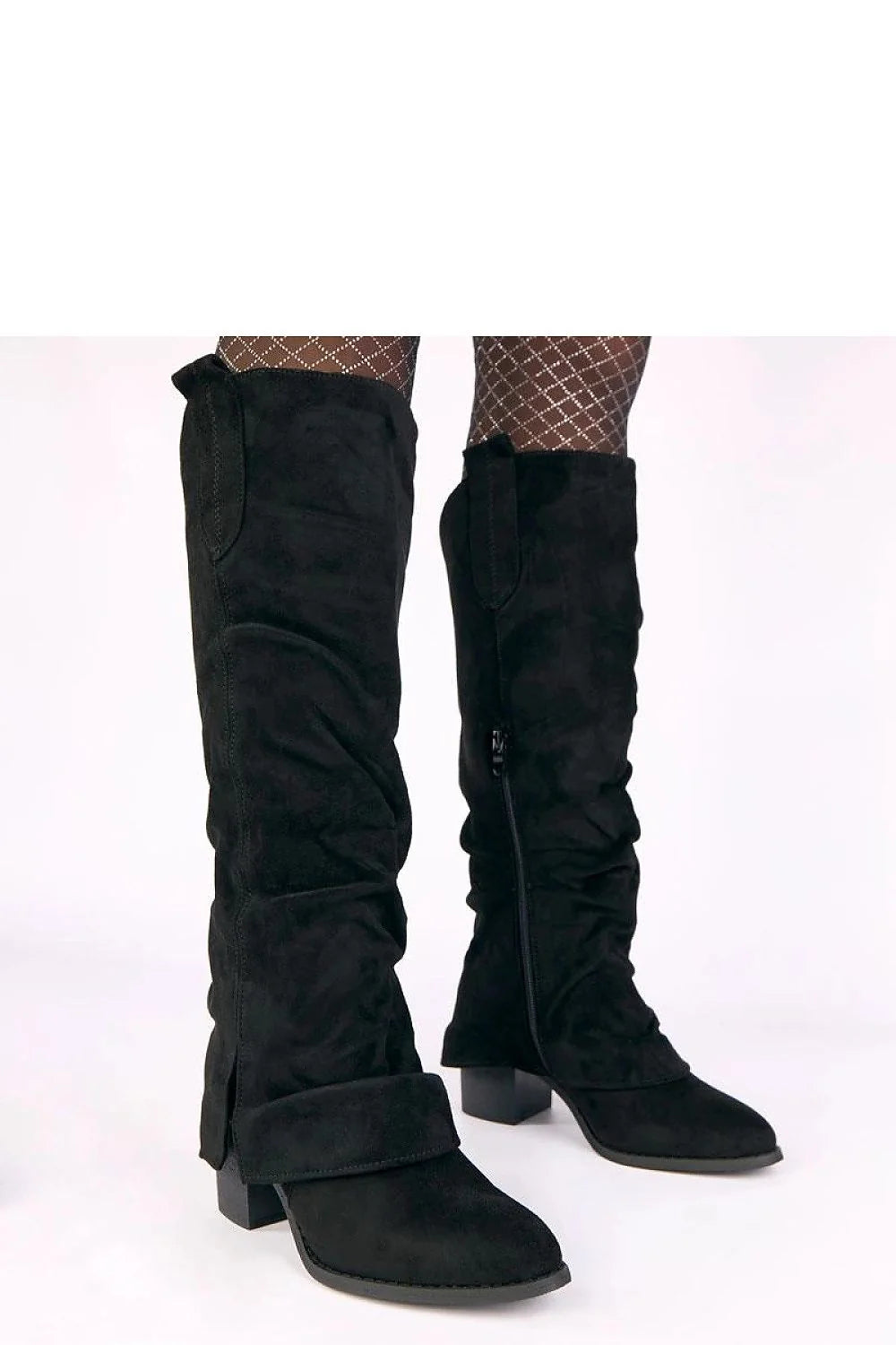bottes femme tige39cm suédine cuir écologique revers froncé bout rond talon7cm bloc rembourré fermeture éclair doublure tissu confortable