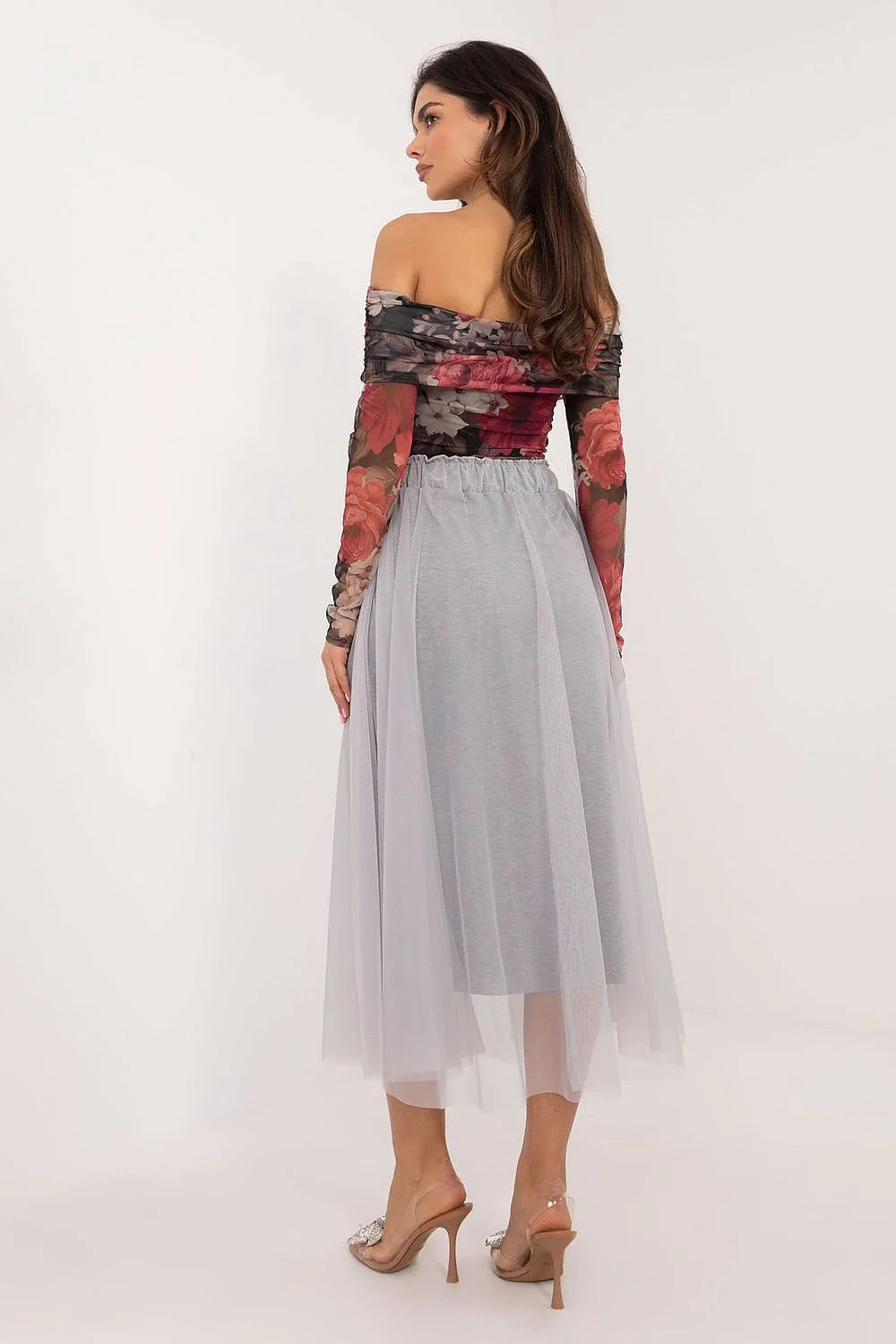 Ensemble femme élégant haut asymétrique jupe tulle floral motif coloré tissu extensible taille élastique occasion spéciale
