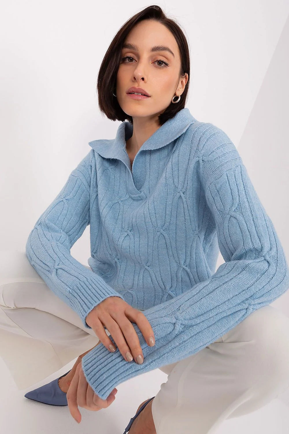 Pull pour femmes bleu ciel maille tricotée confort style coupe ample manches longues col plié élégant polyvalent