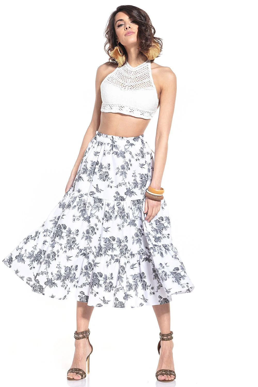 Jupe longue camouflage coton évasée avec ceinture élastiquée pour femme moderne tendance style urbain