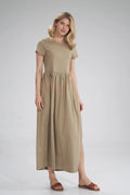 robe longue coton beige classique évasée taille haute froncée manches courtes encolure ronde jersey léger fluide fente latérale cheville confortable