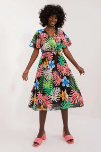 Robe de jour Italy Moda été motifs tropicaux manches courtes ceinture ajustable femme polyester coton