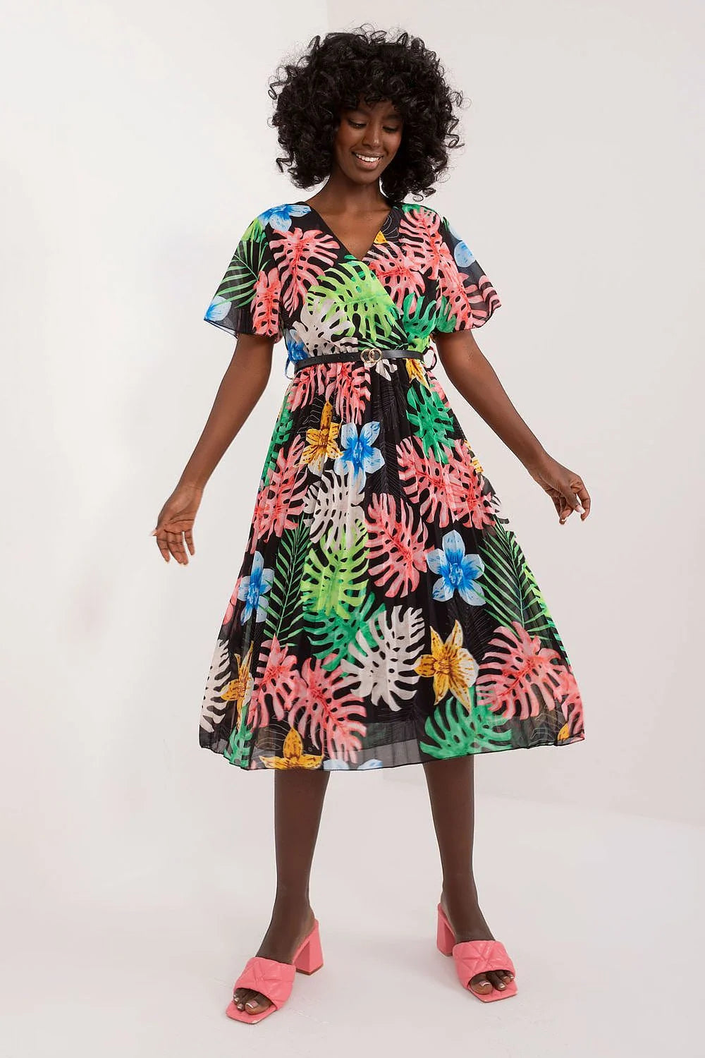 Robe de jour Italy Moda été motifs tropicaux manches courtes ceinture ajustable femme polyester coton