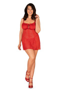 Ensemble sexy Obsessive dentelle rouge lingerie femme grande silhouette bonnets empire lacé dos floral subtil string inclus