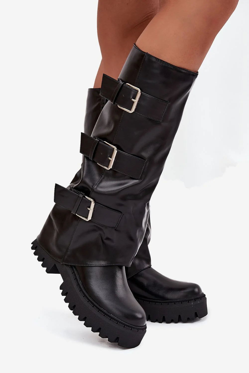 bottes mi mollet femme effet cuir synthétique noir biker chunky semelle plateforme crantée antidérapante sangles réglables boucles métal